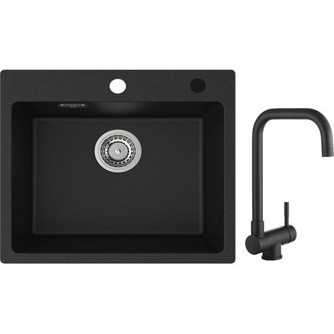 Cecipa Evier 1 Bac Quartz Noir 50x45cm Evier de Cuisine en Quartz Evier de Cuisine en Granit + Cuisine Rabattable Robinet Pliable Mitigeur Sous Fenêtre Noir (1/5)