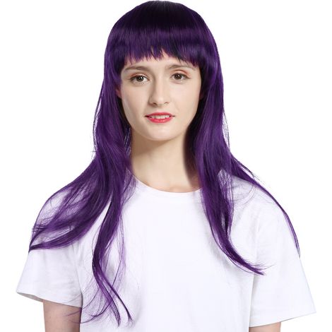 70 cm lange, synthetische, lila Perücke mit lockigem Pony für Partys und Kostüme (1/5)