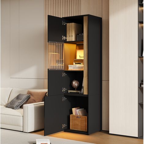 Vitrine 50 x 40 x 179 cm aus Spanplatten/Acryl, Schwarz/Natur, verstellbare LED – MEUBLIV (1/5)