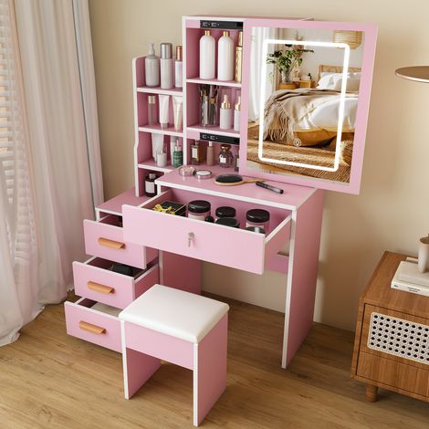 Toeletta con specchio LED, sgabello e 4 cassetti, rosa, 85 x 130 x 34 cm DESVIAE (1/5)