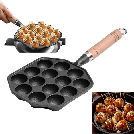 Padella per Takoyaki, Padella Tostapane, 14 Fori, Fori da 3,6 cm, Padella Griglia per Takoyaki, Padella Taiyaki, Padella in ghisa per Aebleskiver, Padella per Poffertjes, con Manico Removibile