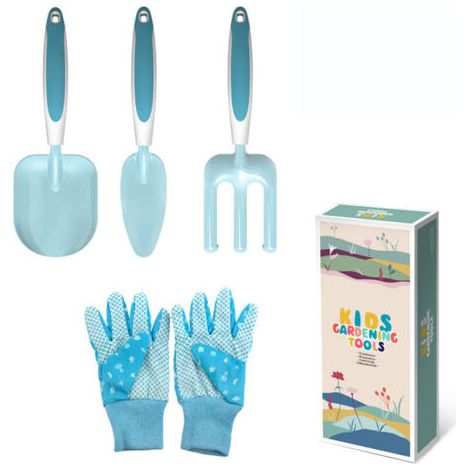 Lot de 4 outils de jardinage pour enfants - Truelle râteau et fourchette - Gants de jardinage - Mini ensemble d'outils de jardinage pour la plage et le jardin (1/4)