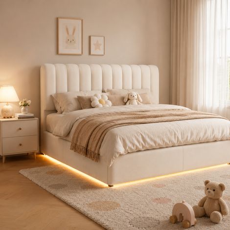 Lit rembourré 140x200 cm avec led et 3 tiroirs lit double plateforme avec sommier à lattes en contreplaqué bois velours beige (1/5)