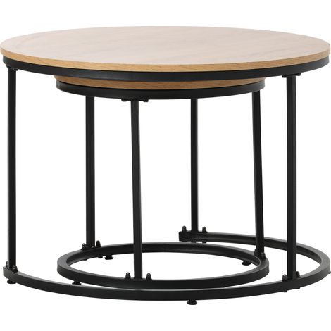 Lot de 2 tables basses rondes gigognes en MDF aspect bois et métal, salon (1/5)