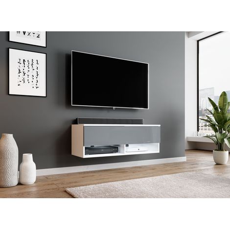 furnix tv Meuble TV Lowboard Alyx 100 x 34 x 32 cm blanc/gris avec led (1/5)
