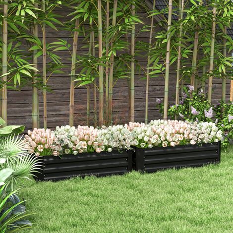 Juego de 2 jardineras elevadas, dimensiones 100 cm de largo x 50 cm de ancho x 30 cm de alto - chapa de acero corrugado negro