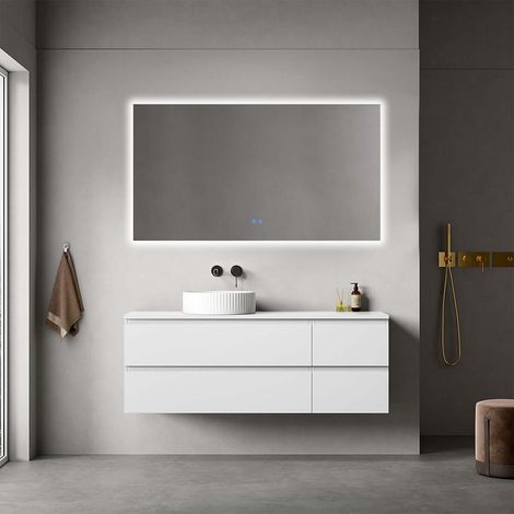 Mobile bagno sospeso reversibile 140 cm Bianco Opaco per Lavabo d'appoggio Specchio Quadro Retroilluminato - Fiji Paint Top (1/4)