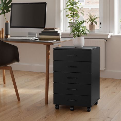 Vasagle – Caisson de bureau à roulettes noir – 5 tiroirs avec rails coulissants – Capacité 45 kg – Montage rapide sans outil (1/5)