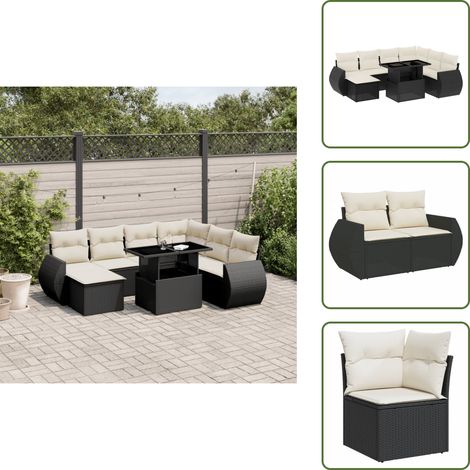 The Living Store Salon de jardin 8 pcs avec coussins noir résine tressée - Salon De Jardin - Meuble Extérieur - Set Salon - Résine Tressée - Rotin Synthétique (1/5)