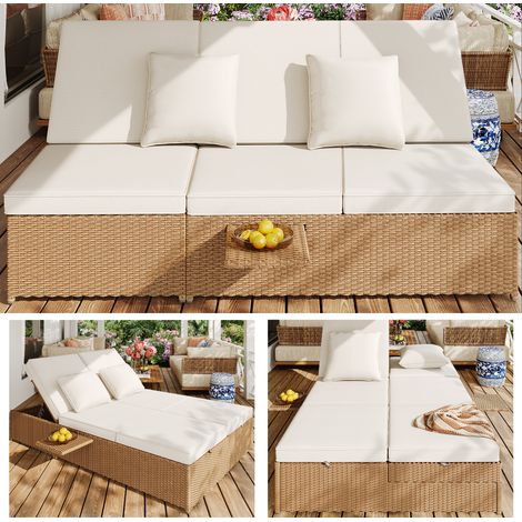 Doppel-Gartenlounge-Set aus PE-Rattan, ausziehbares Sofa mit verstellbaren Rückenlehnen und Beistelltischen, wetterbeständig, beige