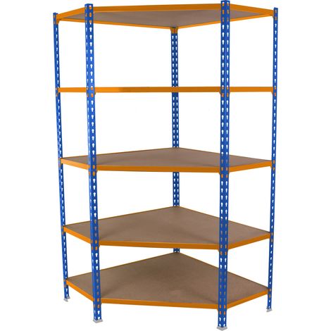 Simonrack Eckregal aus Metall blau orange Holz