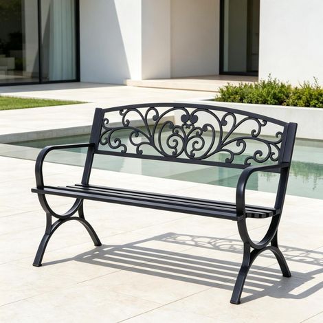 Banco de jardín para 2 personas, respaldo decorativo, apoyabrazos, acero y hierro fundido negro (1/5)