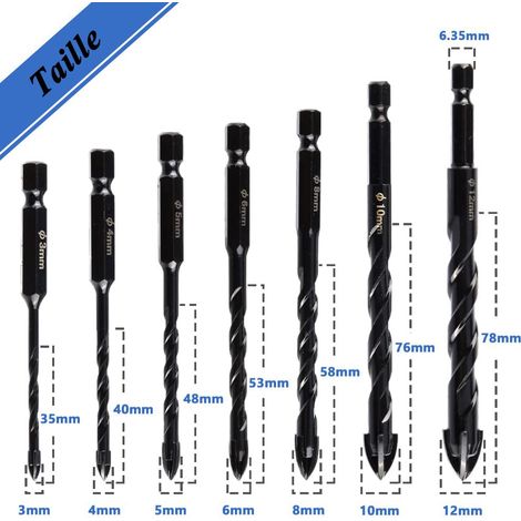 Mesee 7Pcs Forets Hélicoïdaux en Carbure de Tungstène 3-12mm Forets à Maçonnerie en Tige Hexagonale 1/4 pouce Mèche Foret Croisé pour Perçage sur Béton, Pierre, Carreaux, Céramique, Bois, Verre (1/4)