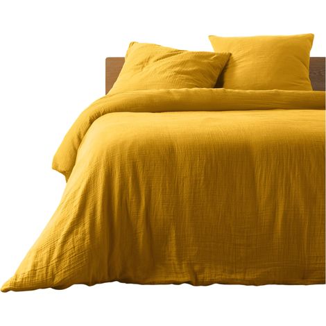 Housse de couette + 2 taies en gaze de coton 220 x 240 cm Tendance jaune