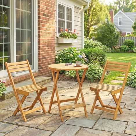 3-teiliges, klappbares Bistro-Set aus Akazienholz mit rundem Tisch und 2 Stühlen, kein Aufbau erforderlich, 60 x 60 x 75 cm, Natur