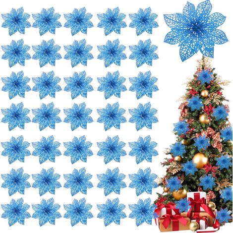 Set of 36 glitter poinsettia-shaped Christmas tree decorations, 4", artificial silk flowers for Christmas wreaths, holiday decoration (navy) (1/5)