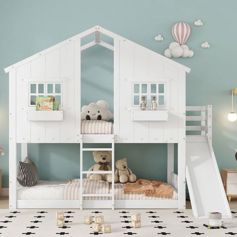 Lit mezzanine enfant blanc 90x200 avec toboggan, barrières de sécurité, cadre pin/MDF