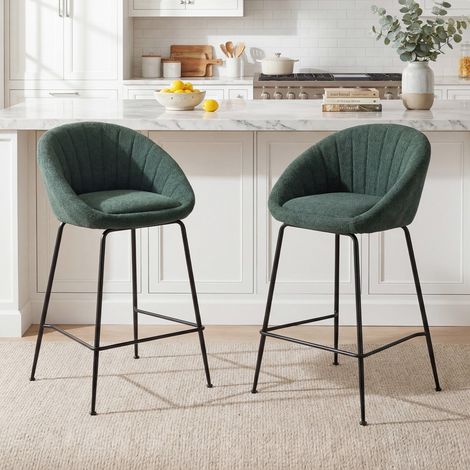 Wahson Lot de 2 tabourets de bar en tissu – Coussin épais et doux – Pieds en métal noir – Pour îlots de cuisine et salons, Vert