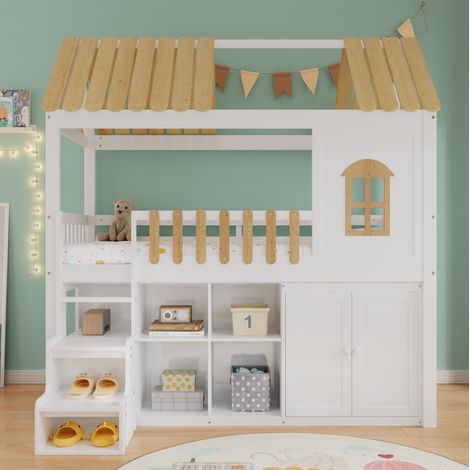 Lit mezzanine 90 x 200 cm avec armoire, escalier et rangement, pin et MDF, blanc et naturel OKMYHOME (1/5)