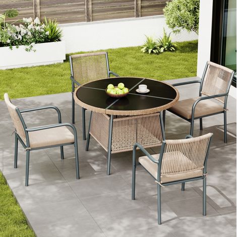 Conjunto de jardín de 5 piezas, mesa redonda de vidrio templado y 4 sillones, gris DESVIAE (1/5)