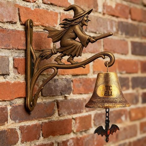 Cloche porte vintage fonte Halloween – sorcière murale avec balai, décoration extérieure (1/4)
