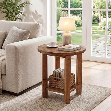 Tribesigns Table d'appoint Rond, Bout de Canape en Bois Massif 2 Niveaux de Rangement, Petite Table de Chevet Style Campagnard pour Salon, Chambre à Coucher, Marron