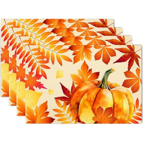 Bardusch - Ensemble de 4 sets de table d'automne, motif feuilles de citrouille, en lin, lavables, antidérapants, résistants à la chaleur et épais..../ (1/5)