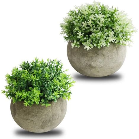 Lot de 2 Bonsaïs artificiels en pulpe, boule semi-circulaire, plantes vertes de bureau en pot, décoration blanc-vert (1/5)