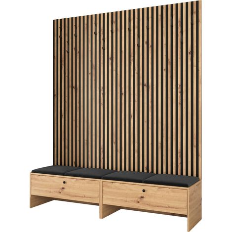 Mobilier1 – Meuble d'entrée Hartford 485 – Chêne artisan et tissu Manila 18 – Dimensions 206x170x44cm – Absorption sonore et décoration personnalisable