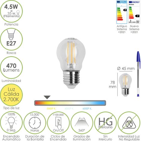 bombilla led filamento esfera rosca e27. 4,5 watt. equivale a 35 watt. 470 lumenes. luz calida 2700º k.