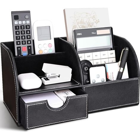 Organisateur de Bureau Multifonctions Pot a crayon en Cuir Rangement Bureau Organisateur avec tiroir (L-Noir)