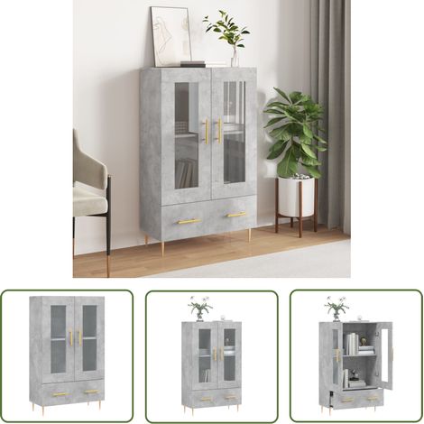 The Living Store Buffet haut gris béton 69,5x31x115 cm bois d'ingénierie - Buffet Design Moderne - Meuble Rangement - Armoire Ouverte - Vitrine Murale - Commode (1/5)