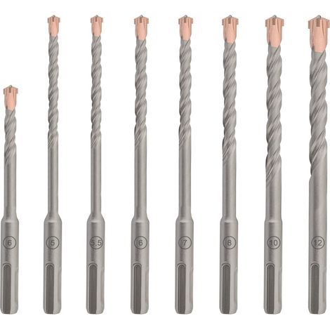 Lot de 8 Forets SDS Plus 5-12 mm, Kit de Forets pour Marteau Perforateur – Acier au Carbure Résistant Rotatif Perceuses à Tête Cruciforme pour Céramique Brique Béton Mur Pierre Métal Plastique (1/5)