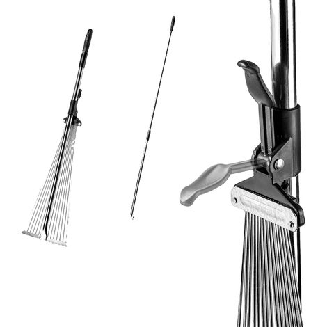 Rastrillo de jardín ajustable, de acero, longitud de 78 a 166 cm, ancho del cabezal de 60 cm, mango ergonómico, versátil para hojas y césped. (1/5)