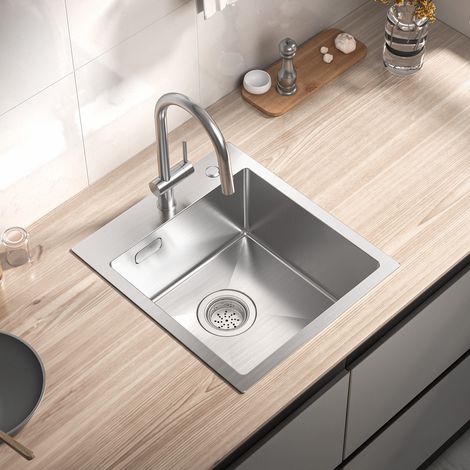 Lavelli una vasca in acciaio inox 40 x 45 cm – lavello da cucina a vasca singola con scarico, troppopieno, lavello da incasso artigianale, spazzolato