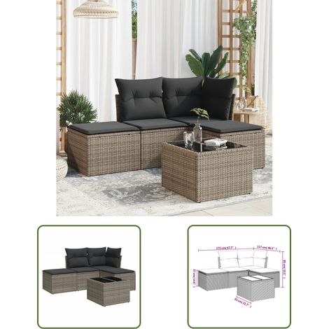 The Living Store Salon de jardin 5 pcs avec coussins gris résine tressée - Ensemble Salon De Jardin - Mobilier De Jardin - Résine Tressée - Rotin Synthétique - Chaise De Jardin (1/3)