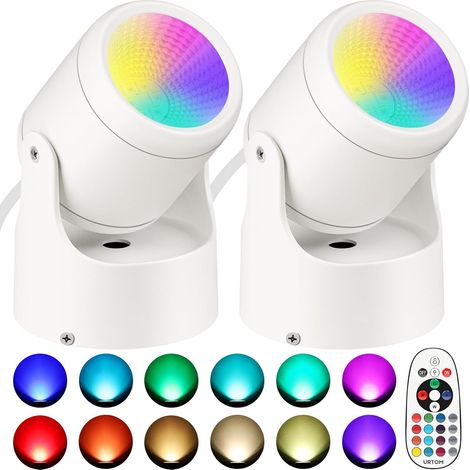 Lot de 2 spots LED RGBW 6W d'intérieur à couleurs changeantes avec télécommande et variateur, en aluminium, pour éclairage d'accentuation, décoration végétale et fêtes. Câble d'alimentation de 1,8 m.