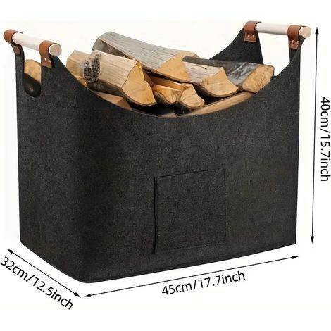 (1 petit panier à bois pliable en feutre extra large, robuste avec poignées renforcées - rangement multi-usages - gris foncé) (1/5)