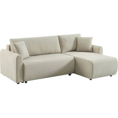 sweeek - 3-Sitzer Schlafsofa mit beidseitig montierbarer Recamiere, Stoffbezug und Stauraum, Stoff, Beige