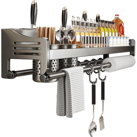 1 - Étagère Murale - Porte-Épices - Rangement Cuisine - Avec Porte-Sopalin Et Crochets - Pour Bocaux Et Ustensiles - Gris - 60x20cm