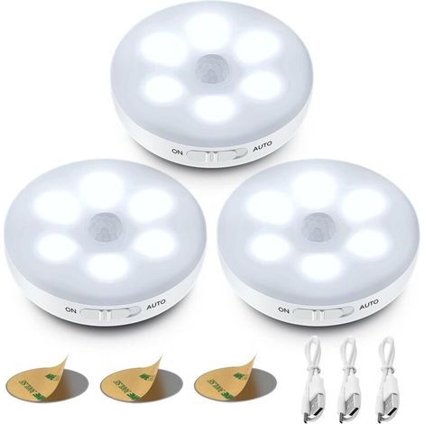 Veilleuse LED Automatique, Lampe Detecteur de Mouvement Interieur, Lumiere Autocollante USB Pile Rechargeable, LED Sans Fil (Blanc) (1/5)