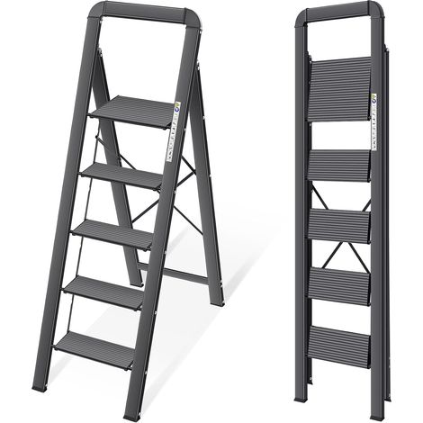 Escabeau 5 Marches Pliable en Aluminium Léger, Marche Pied Pliant avec Pédales Antidérapantes, Main Courante, Échelle pour Maison Cuisine Bureau, Gain de Place, Charge Maximale 150 kg, Noir (1/5)