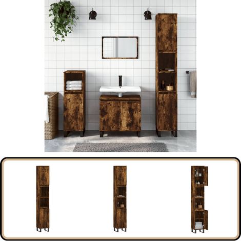 Armoire de bain chêne fumé 30x30x190 cm bois d'ingénierie - Meuble De Salle De Bain - Armoire De Salle De Bain - Rangement Salle De Bain - Commode Salle De Bain - Design Industriel