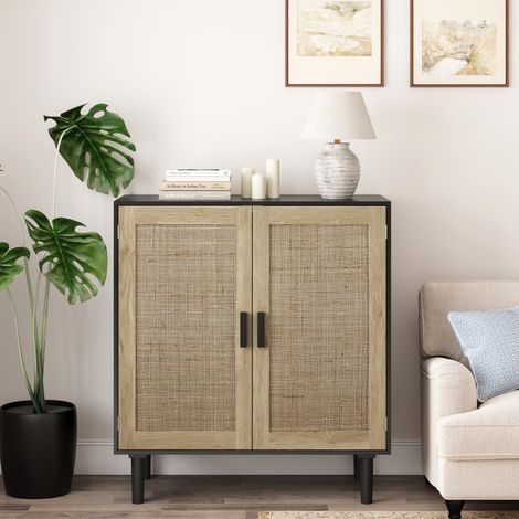 Buffet rangement rotin noir 80x40x88cm deux portes fermées meuble déco multifonction salon salle à manger couloir domestique (1/5)