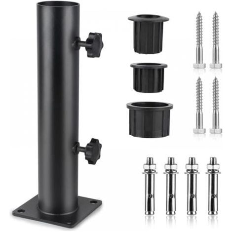Pied Parasol, Tube de Parasol, Support Parasol Metal Réglable avec 3 Anneaux de Réduction en PVC (32/38/48mm), Tube pour Pied de Parasol avec 8 Clous en Acier, Noir (1/5)
