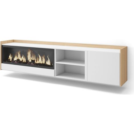 Skraut Home - Mueble TV, Televisión, Muebles de salón, almacenaje, 212x35x50cm, Para TV hasta 80", Chimenea eléctrica XXL, Colgado, Suspendido, Estilo Moderno, Blanco y roble soft (1/5)