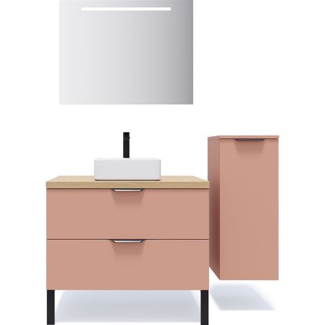 Meuble de salle de bain suspendu vasque à poser 90cm 2 tiroirs Abricot + miroir + colonne ouverture droite - Soho (1/5)