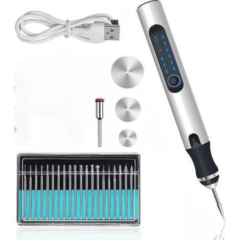 Stylo Graveur Électrique, Gravure Carve Outil, Mini Outil Graver Bricolage, Pour Bricolage Papeterie École Bijoux Métal Verre Pierre Plastique Bois avec 30 mèches rotatives et 3 disques (argent) (1/5)