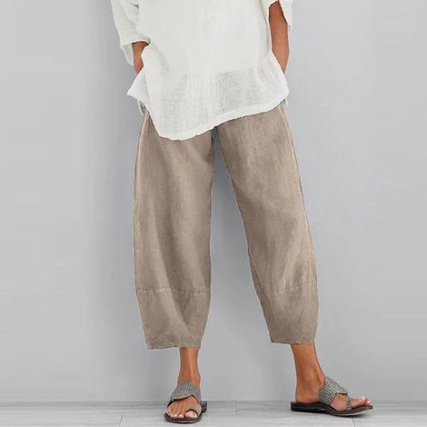 Pantalon d'été ample et décontracté pour femme, en coton et lin uni, coupe large, beige (1/5)