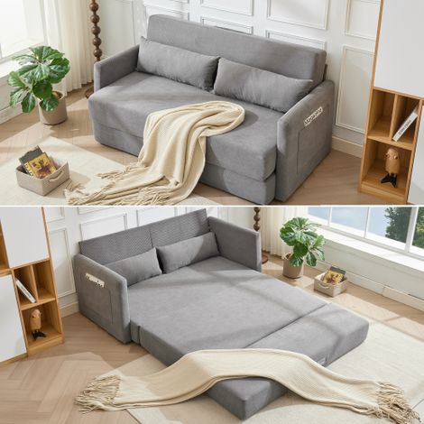 [Neuankömmlinge] [Video bereitgestellt] Bodensofa-Bett,2-Sitzer-Couch,das 2-in-1 Klappsofa,Cordstoff,Wohnzimmer,Wohnung,mit zwei Lendenkissen, Kommt mit zwei Magazintaschen,165 x 92x 82 cm,Grau